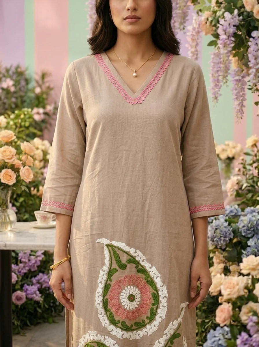 Brown Cotton Paisley Thread Embroidered Two Piece Set - Image 5