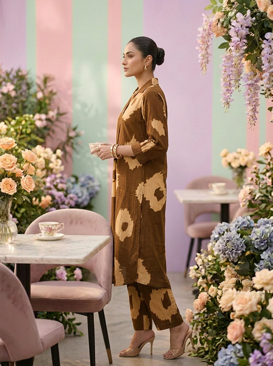 Brown Cotton Printed Two Piece Set - Image 4
