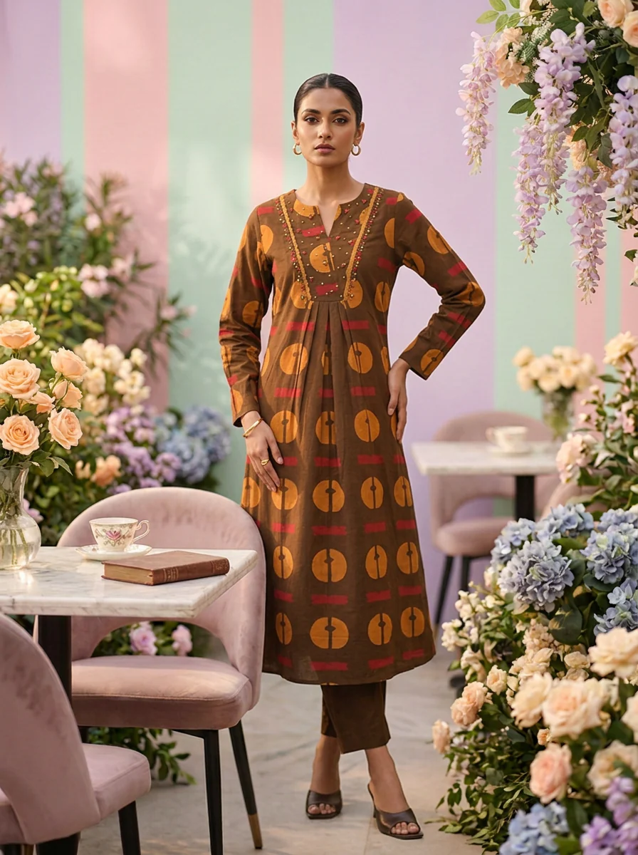 Brown Cotton Printed Two Piece Set