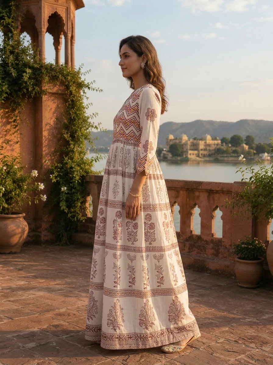Brown Cotton Tiered Botanical Gradient Printed Dress - Image 3