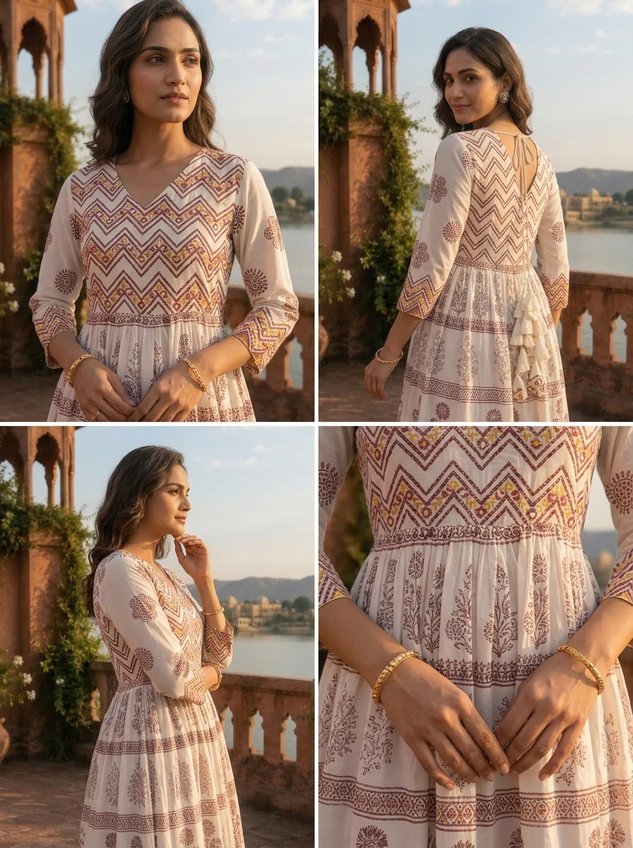 Brown Cotton Tiered Botanical Gradient Printed Dress - Image 5