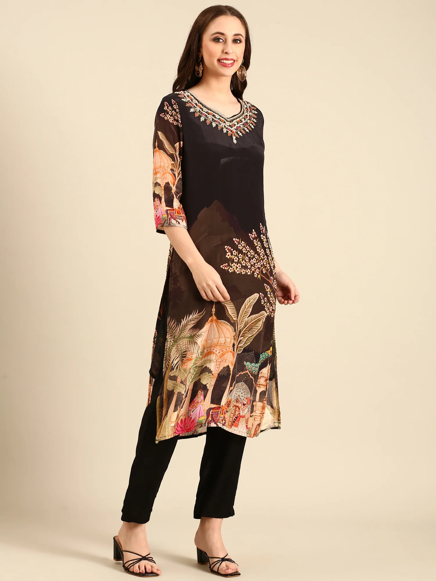 Brown crepe digital printed three piece suit set - Image 3