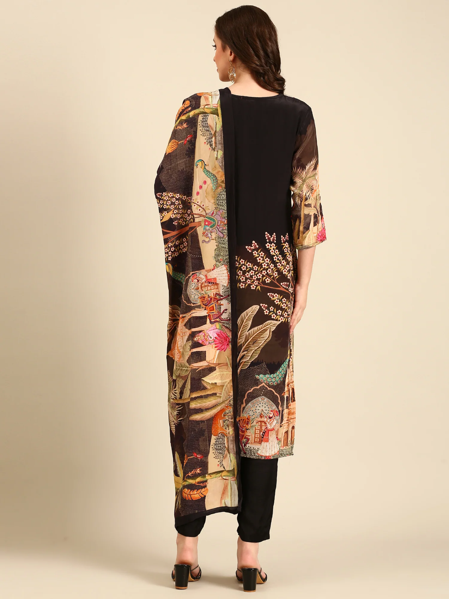 Brown crepe digital printed three piece suit set - Image 4