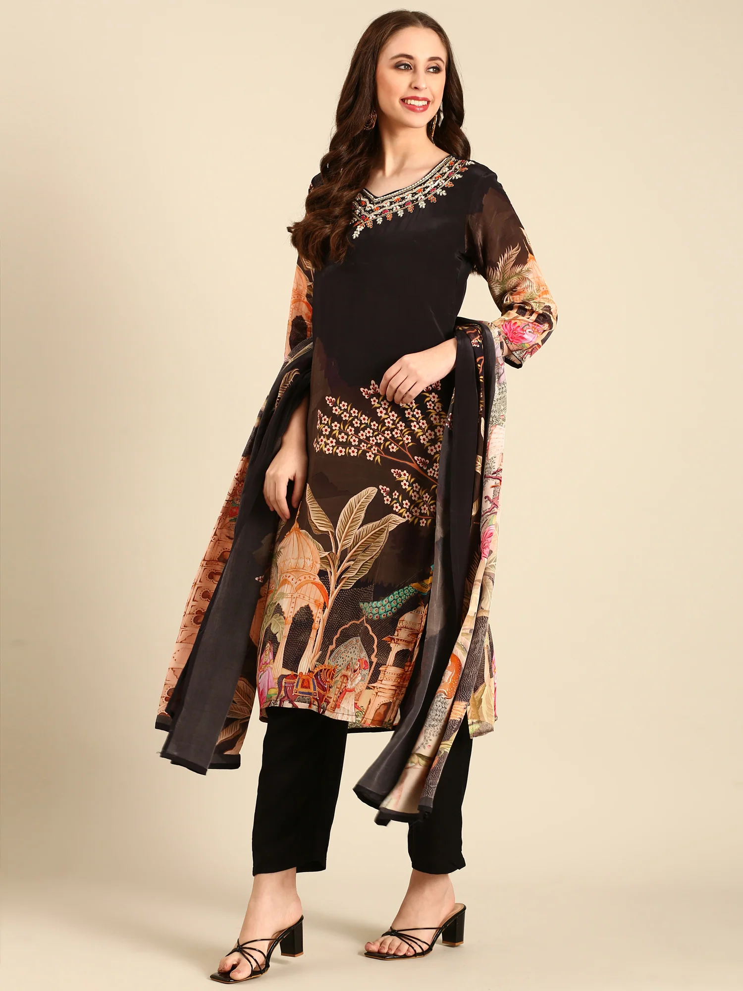 Brown crepe digital printed three piece suit set - Image 7
