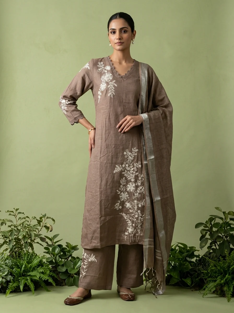 Brown Linen Floral Thread Embroidery Three Piece Set