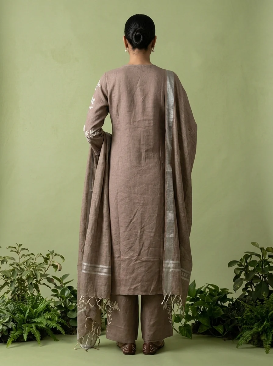Brown Linen Floral Thread Embroidery Three Piece Set - Image 3