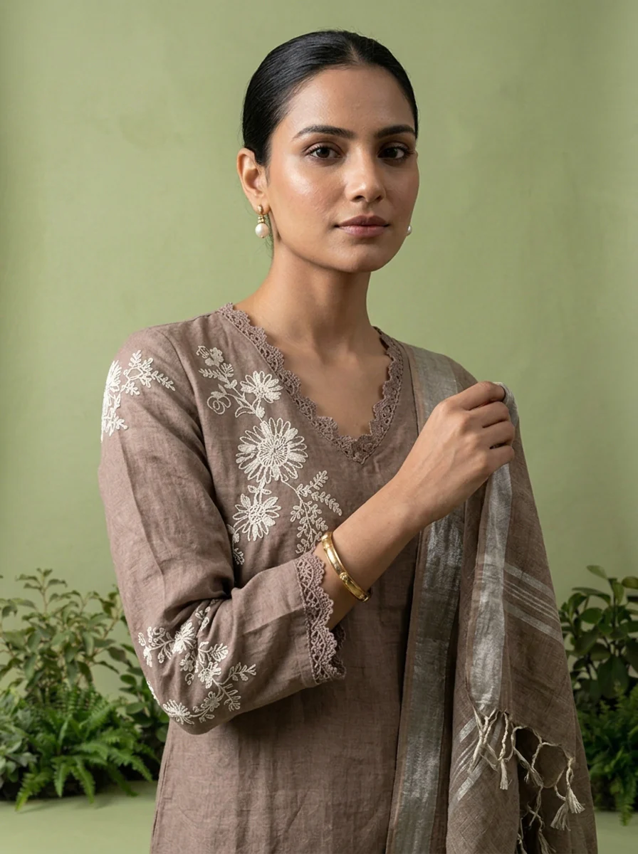 Brown Linen Floral Thread Embroidery Three Piece Set - Image 4