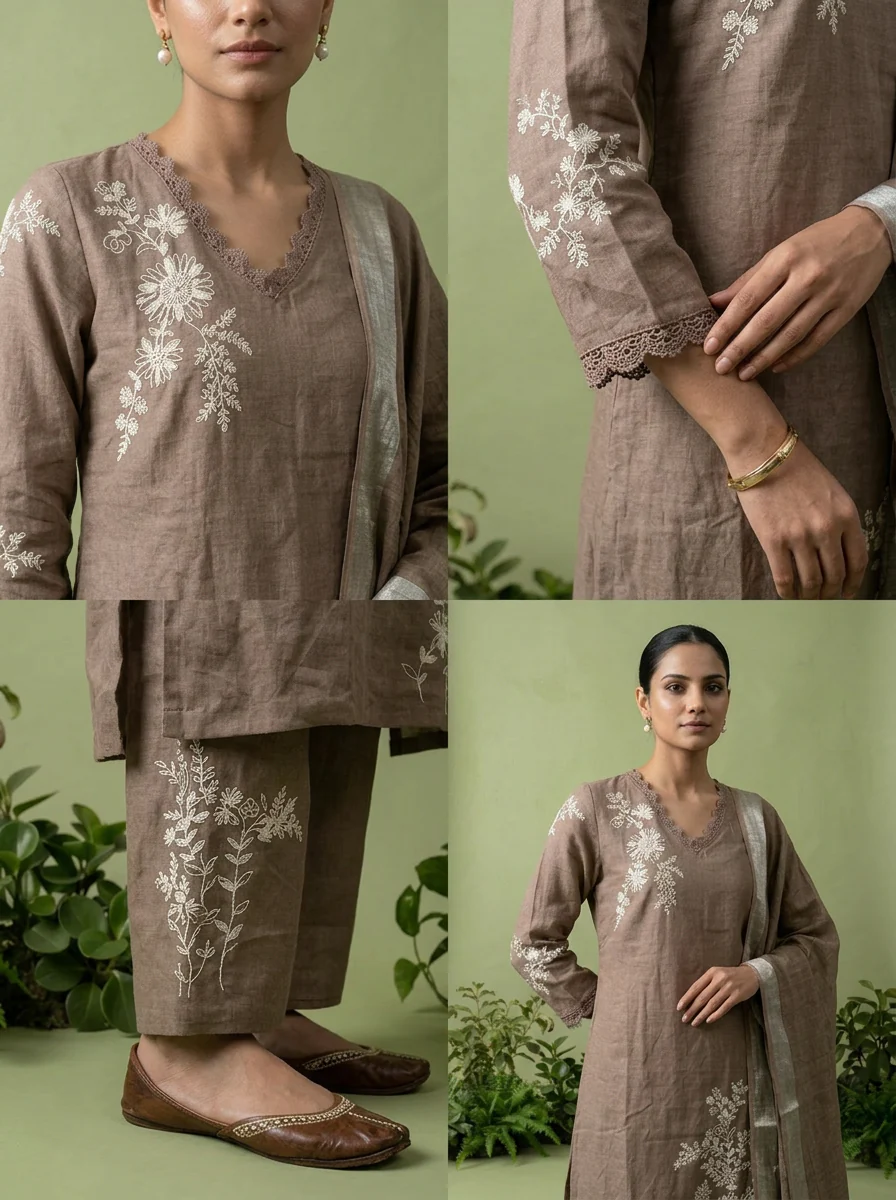 Brown Linen Floral Thread Embroidery Three Piece Set - Image 5