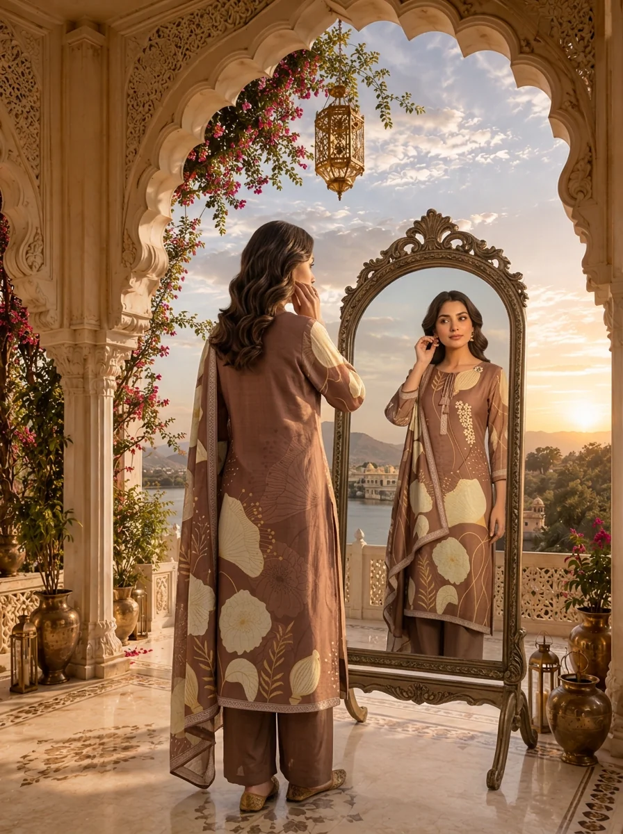 Brown Muslin Botanical Printed Three Piece Set - Image 3