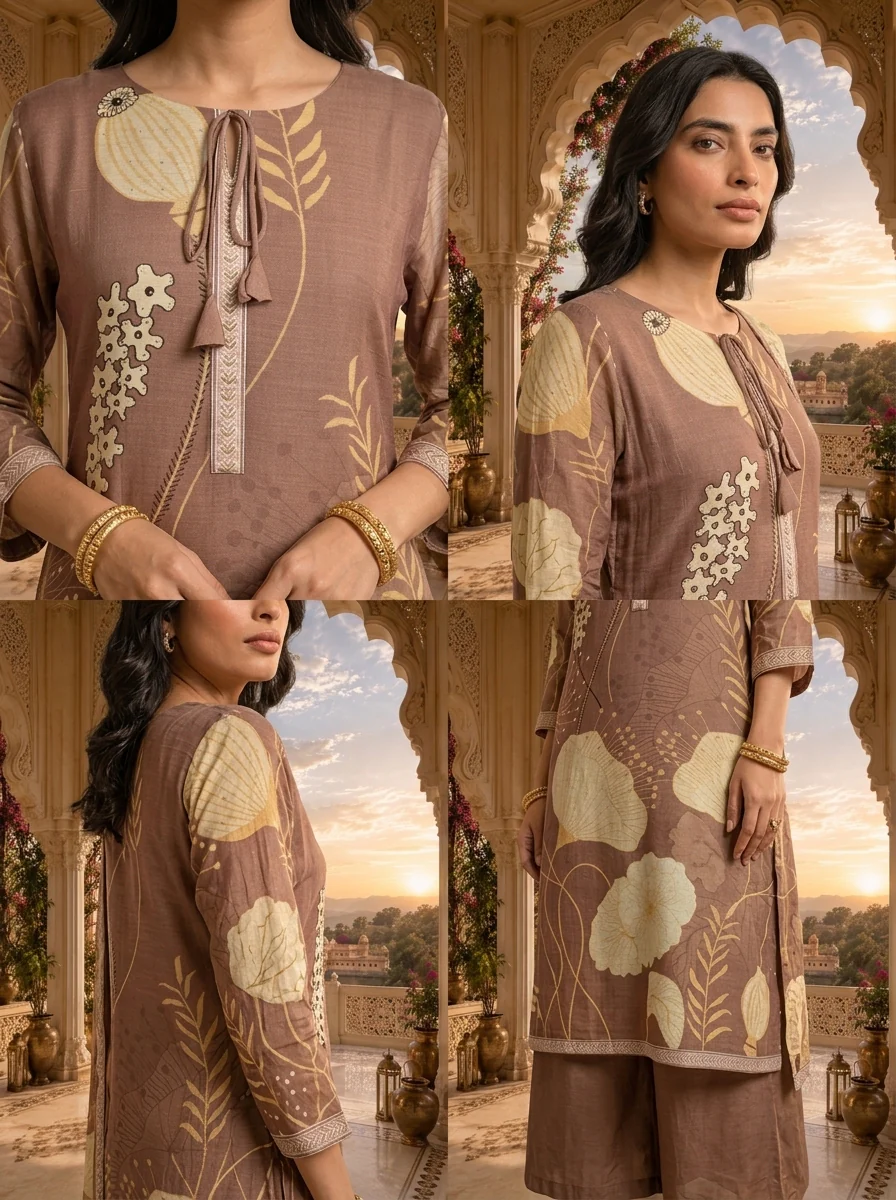 Brown Muslin Botanical Printed Three Piece Set - Image 5