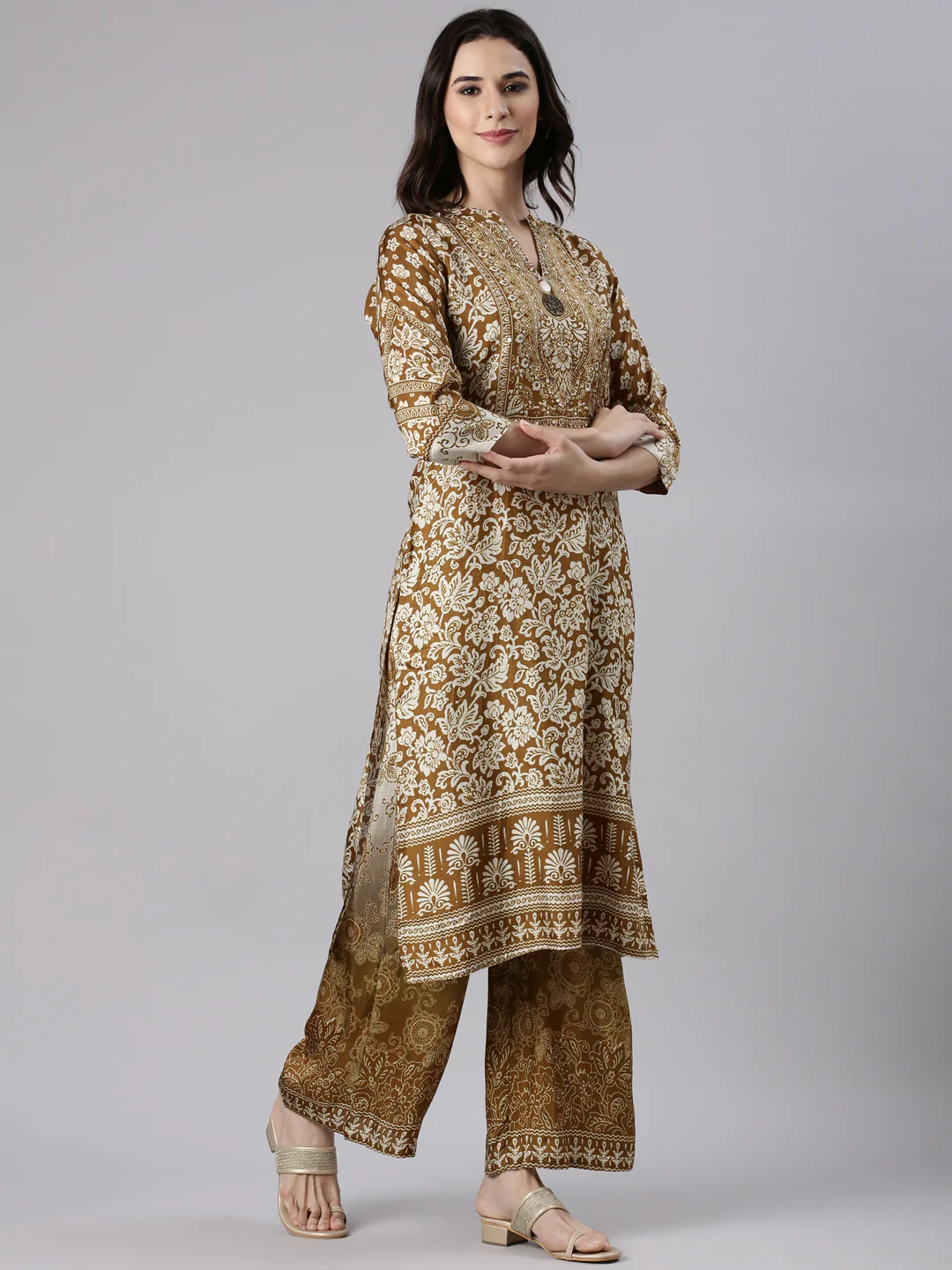 Brown Muslin Printed Three Piece Set - Image 2