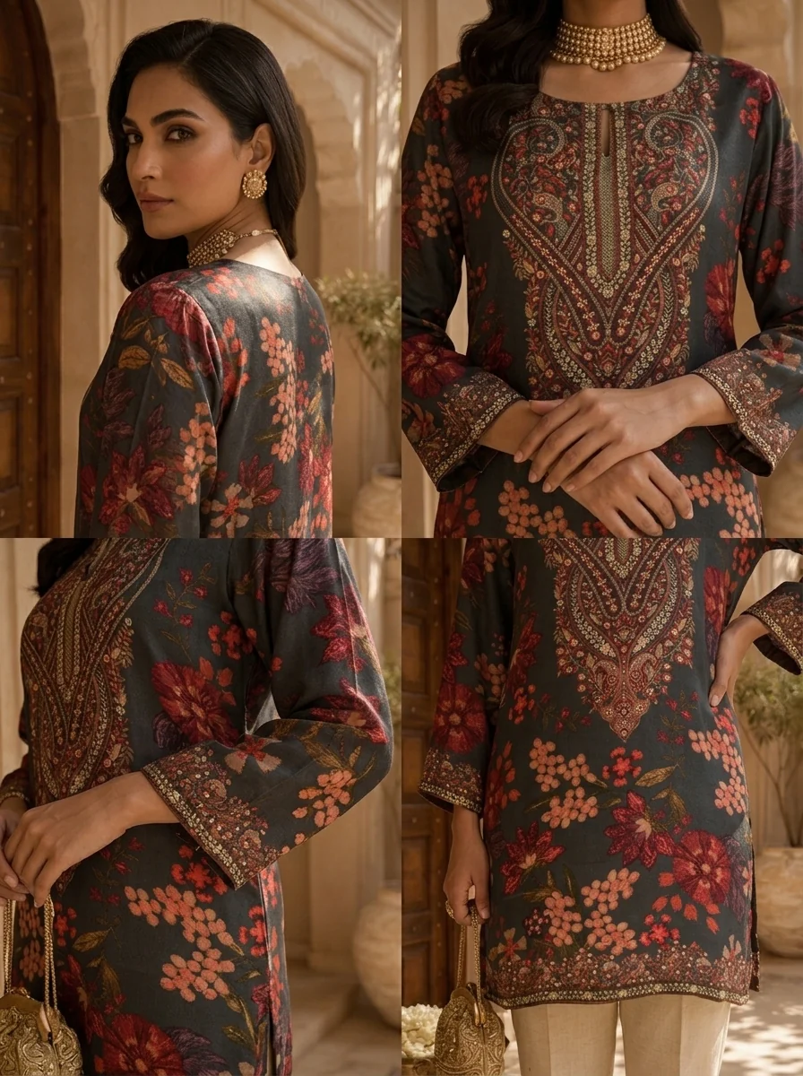 Brown Paisley And Floral Printed Crepe Kurti - Image 6