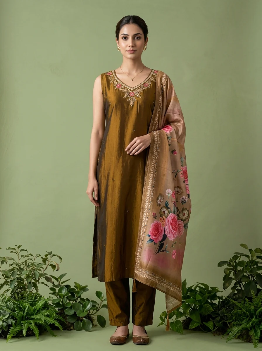 Brown Silk Floral Beads And Thread Embroidered Three Piece Set