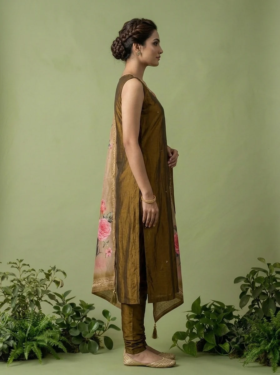 Brown Silk Floral Beads And Thread Embroidered Three Piece Set - Image 2