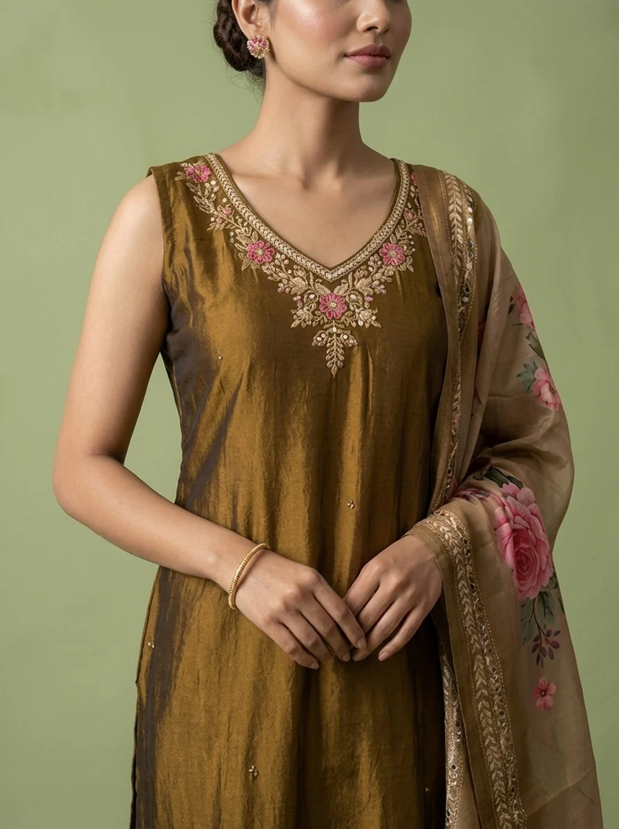 Brown Silk Floral Beads And Thread Embroidered Three Piece Set - Image 4