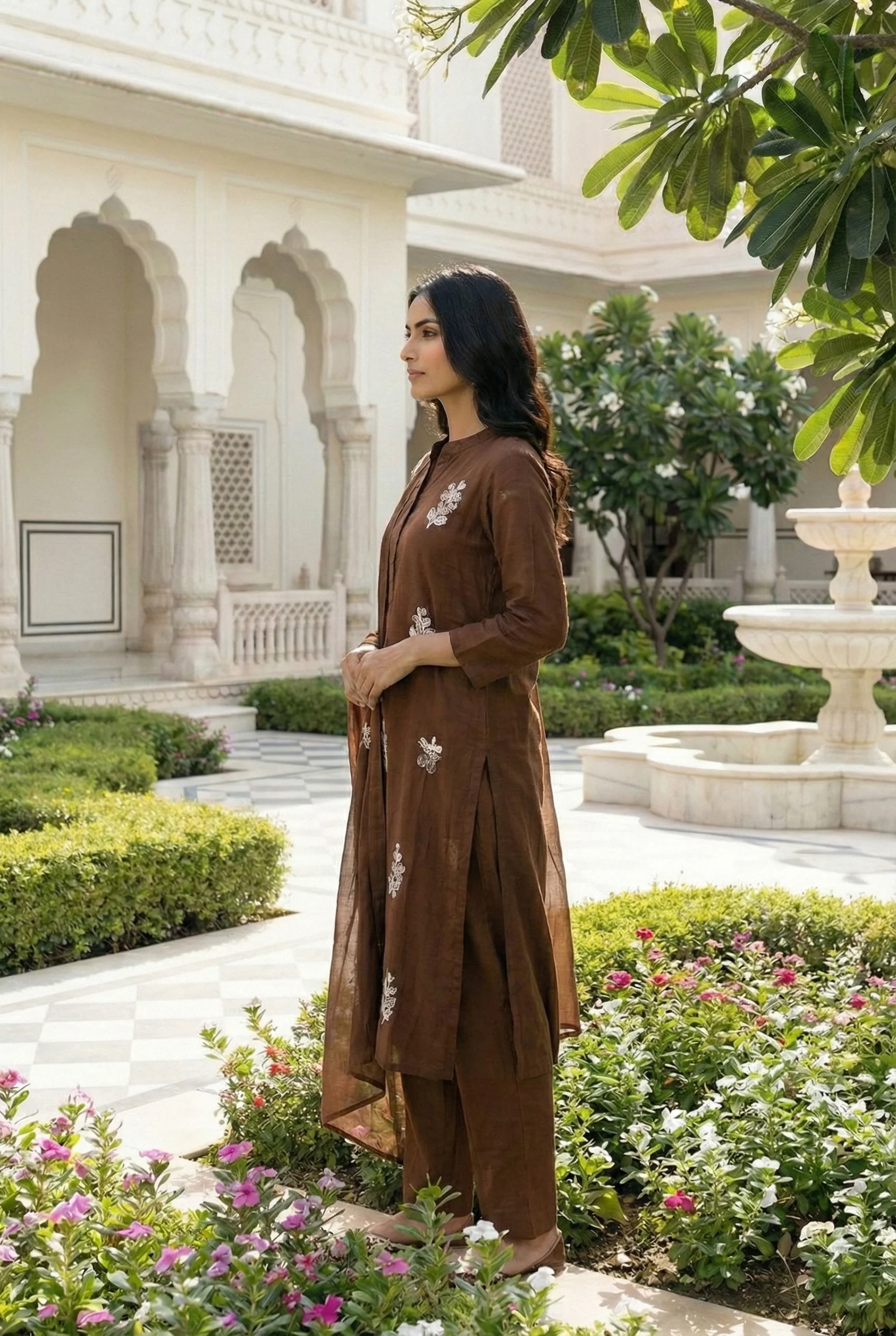 Brown Silk Floral Embroidery Three Piece Set - Image 4