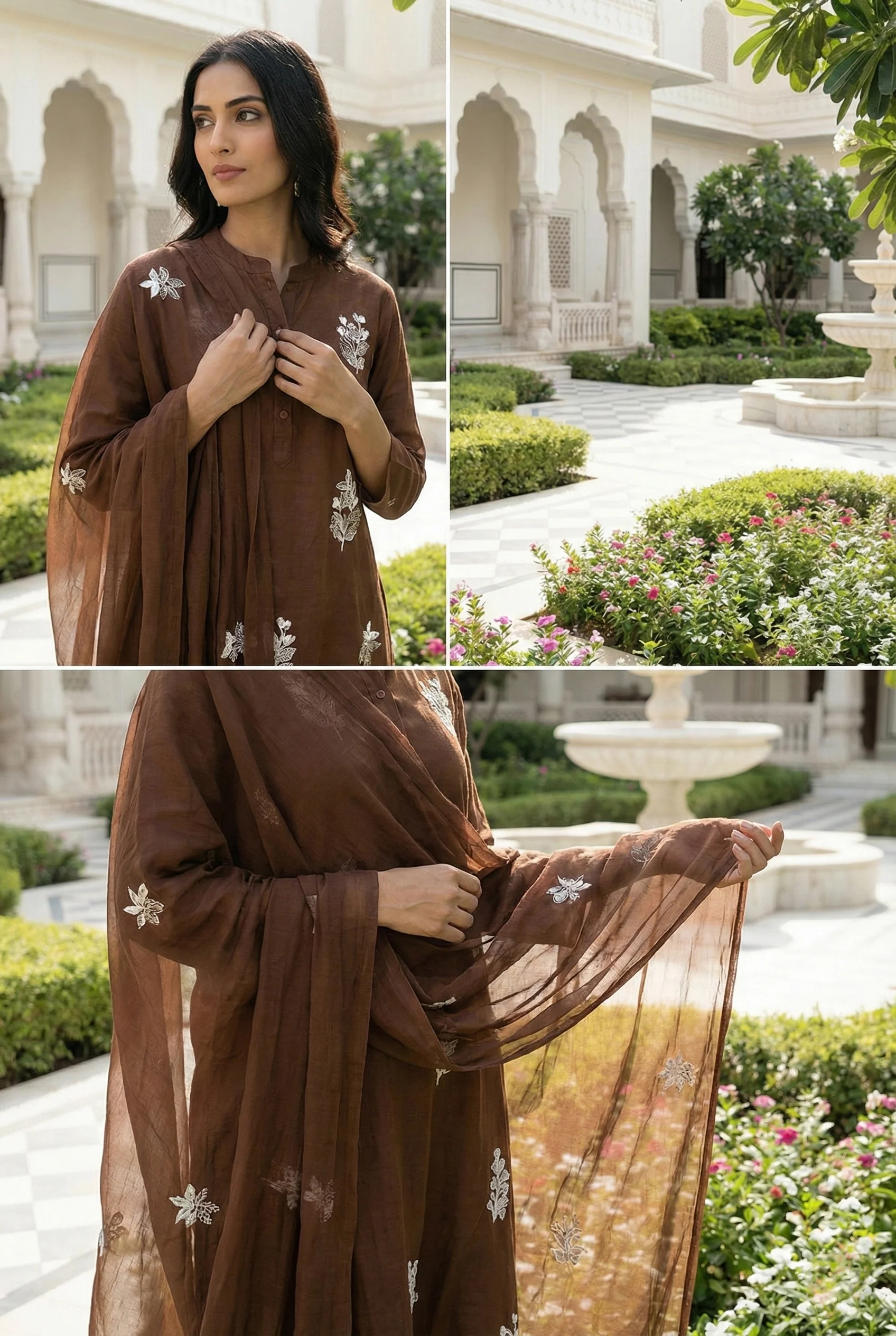 Brown Silk Floral Embroidery Three Piece Set - Image 6
