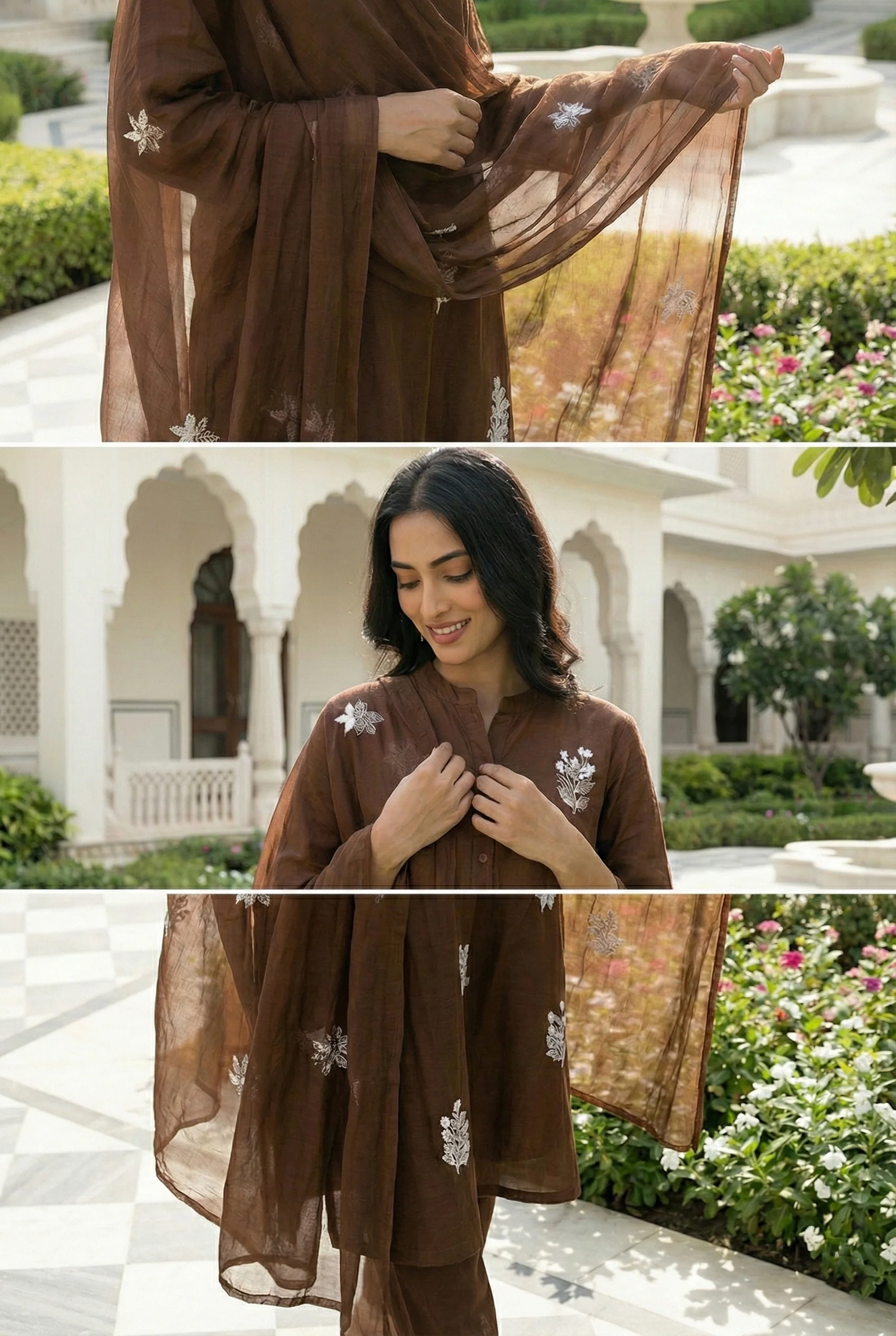Brown Silk Floral Embroidery Three Piece Set - Image 7