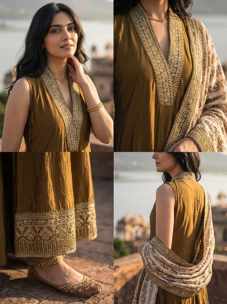 Brown Silk Zari Embroidery Three Piece Set With Floral Dupatta - Image 5
