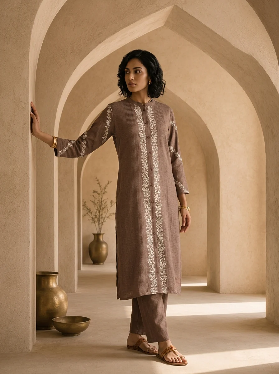 Brown Thread Embroidered Rayon Two Piece Set