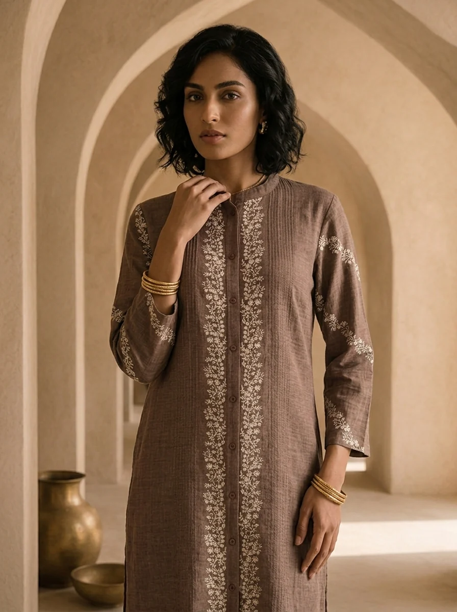 Brown Thread Embroidered Rayon Two Piece Set - Image 4