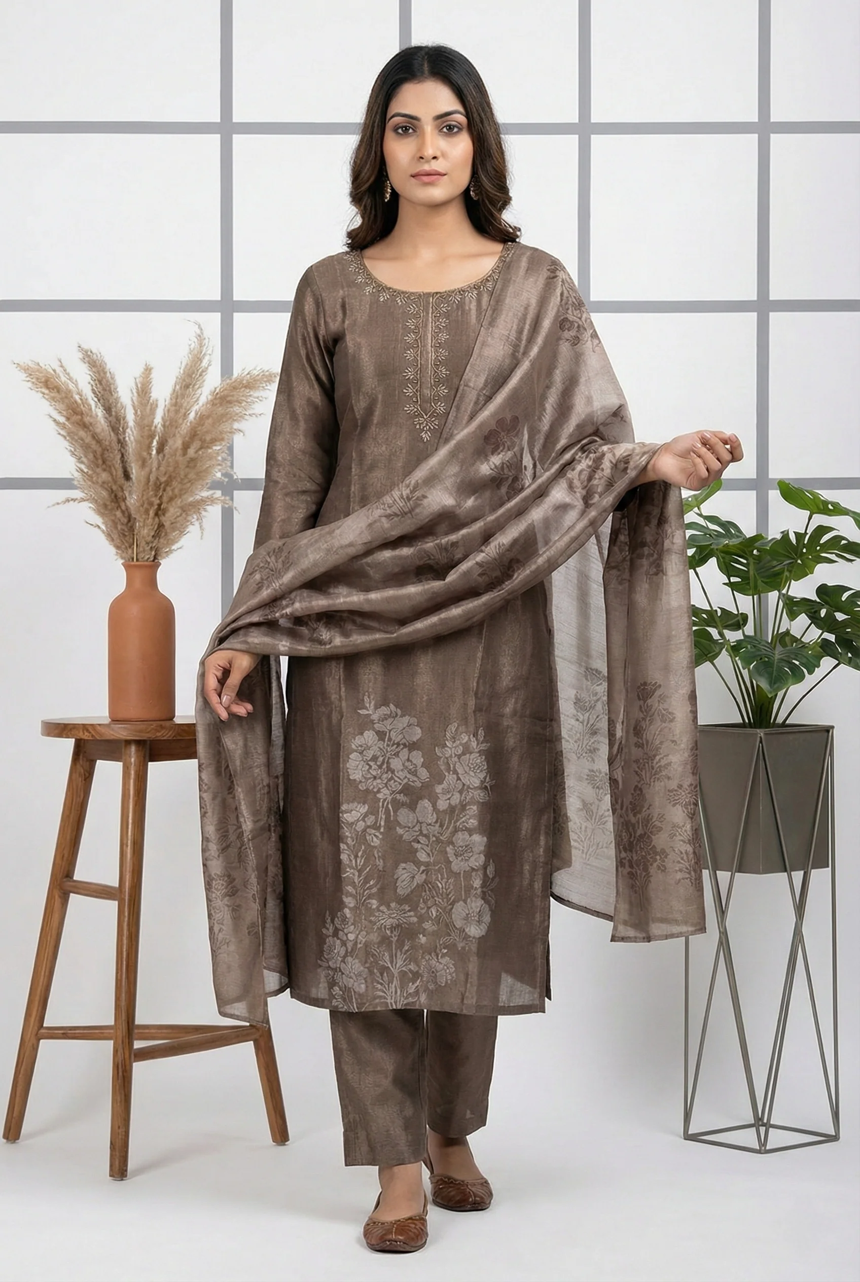 Brown Tissue Floral Printed Three Piece Set
