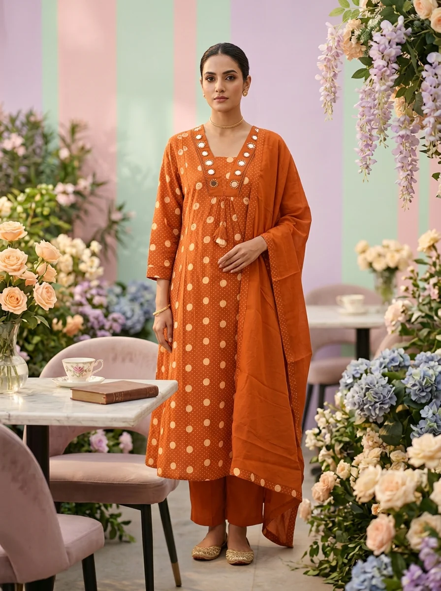 Burnt Orange Cotton Printed Three Piece Set