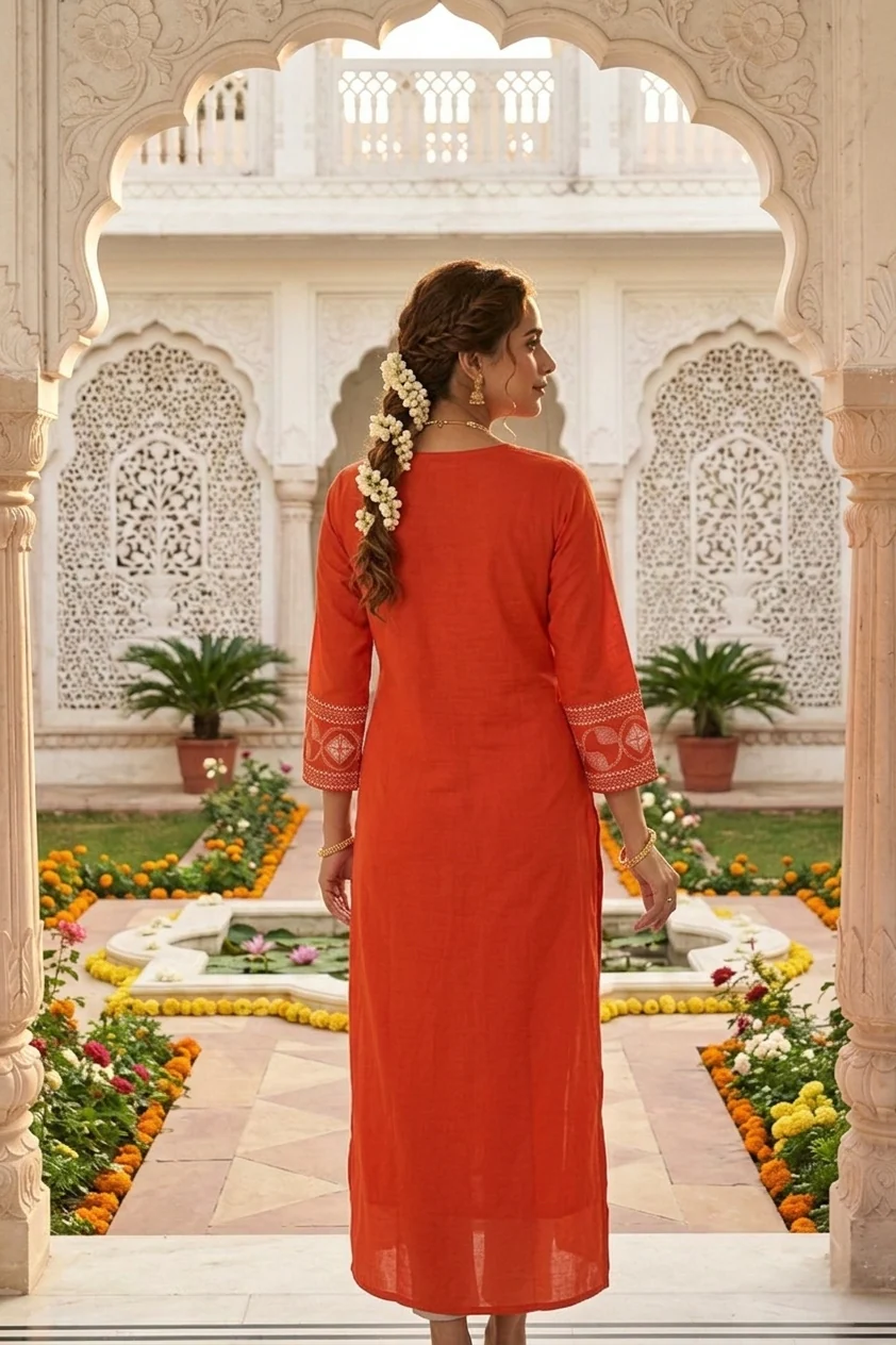 Burnt Orange Cotton Thread Embroidery Kurta - Image 2
