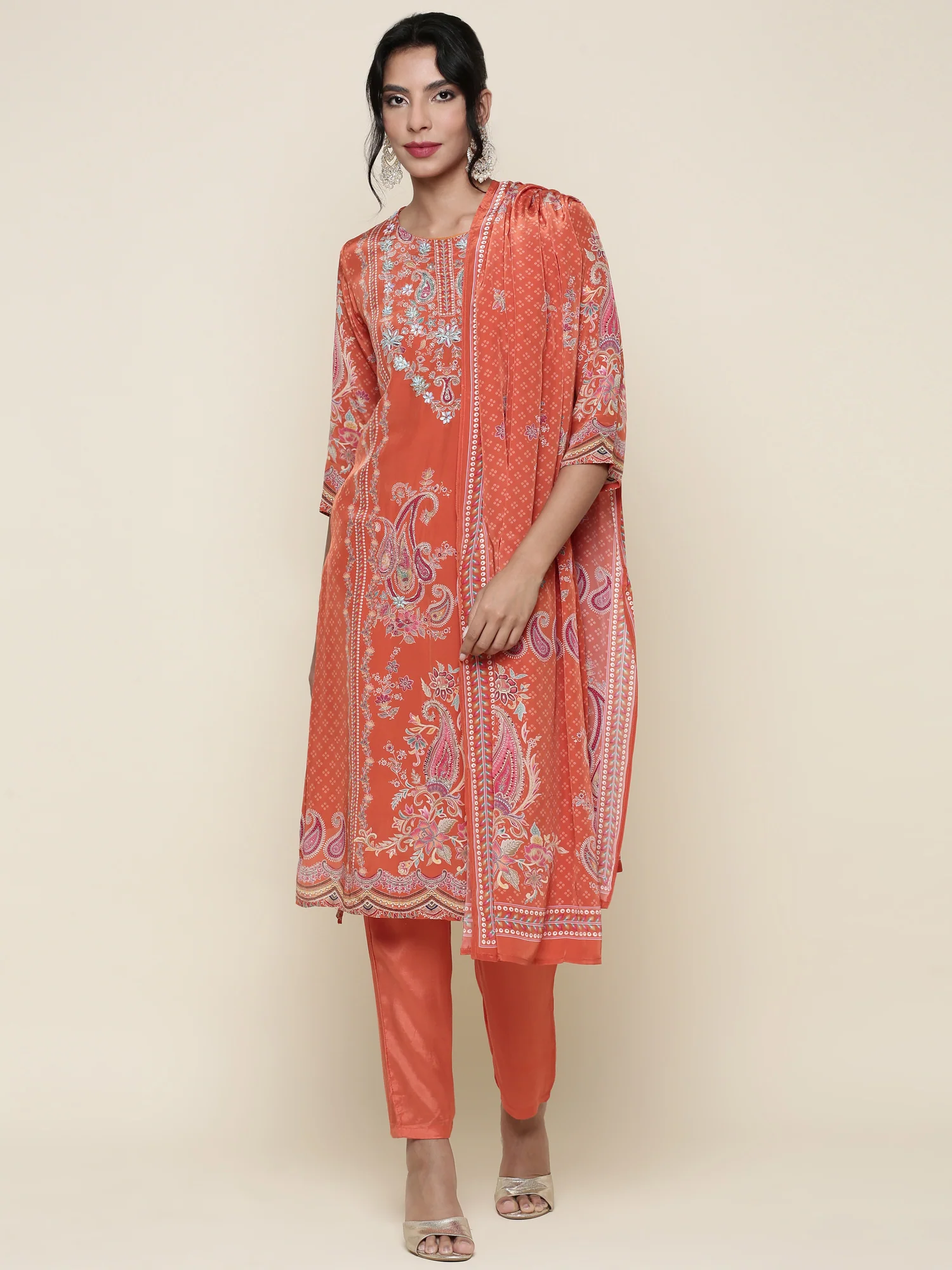 Burnt orange Digital printed crepe Three piece suit set