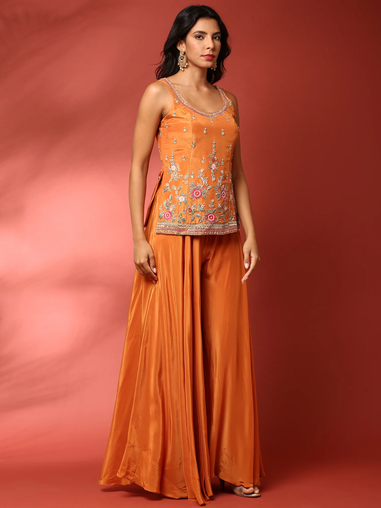 Burnt orange hand embroidered three piece palazzo set - Image 3