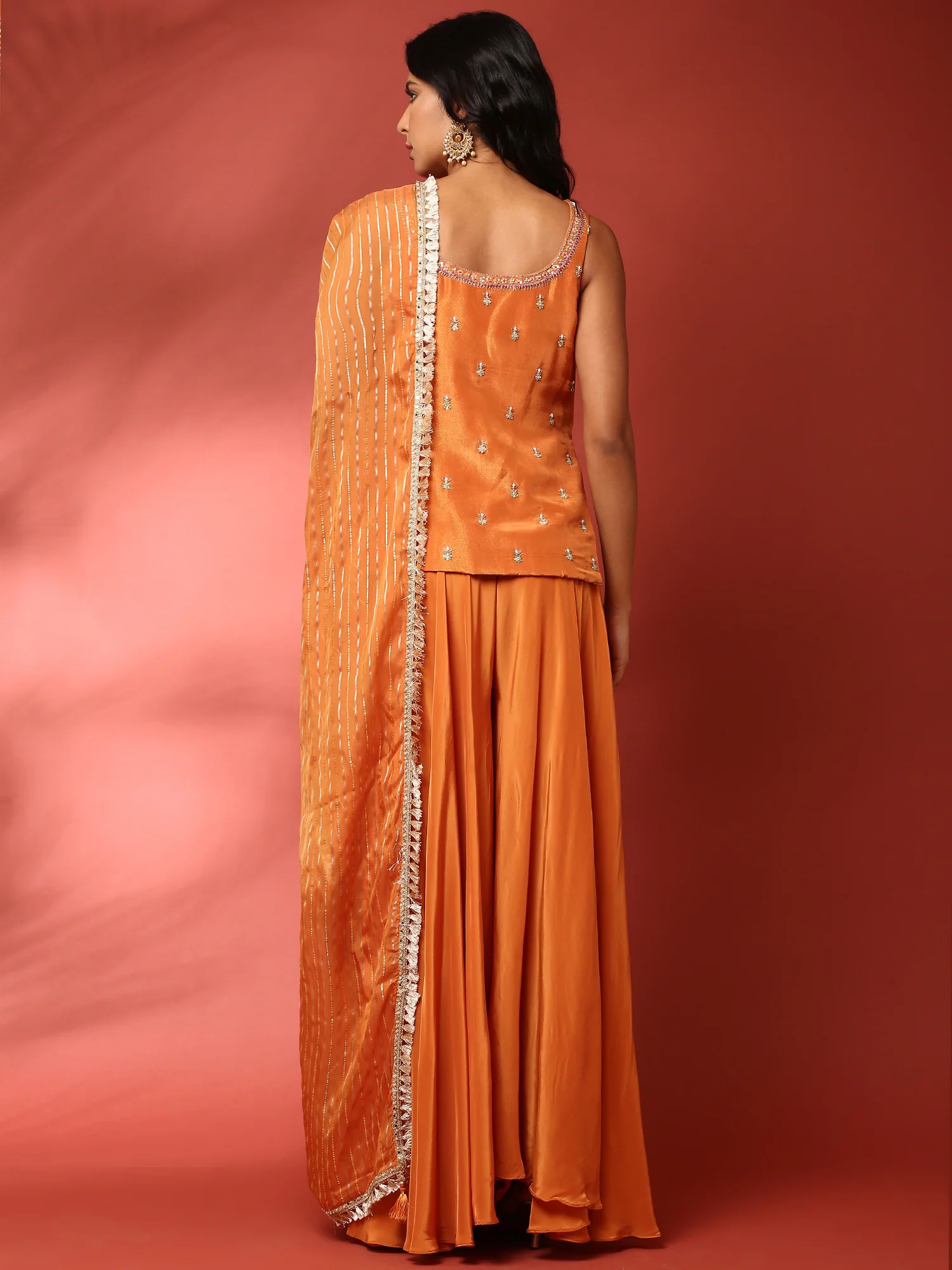 Burnt orange hand embroidered three piece palazzo set - Image 4