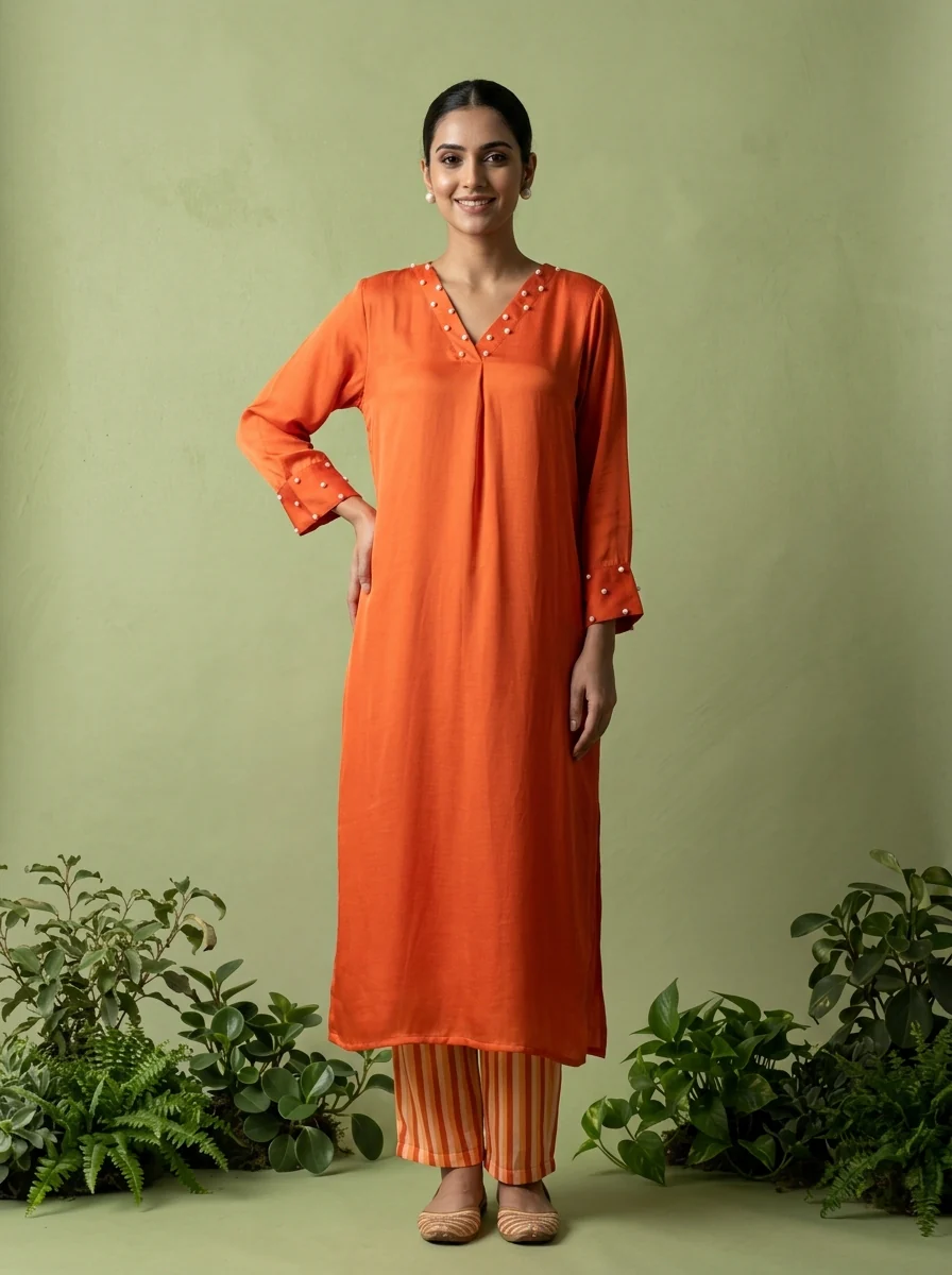 Burnt Orange Linen And Satin Two Piece Set - Image 2
