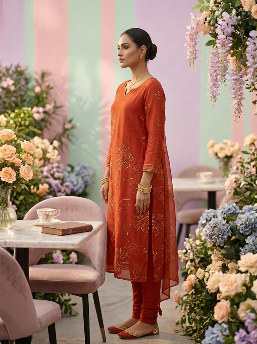 Burnt Orange Linen Floral Printed Three Piece Set - Image 2