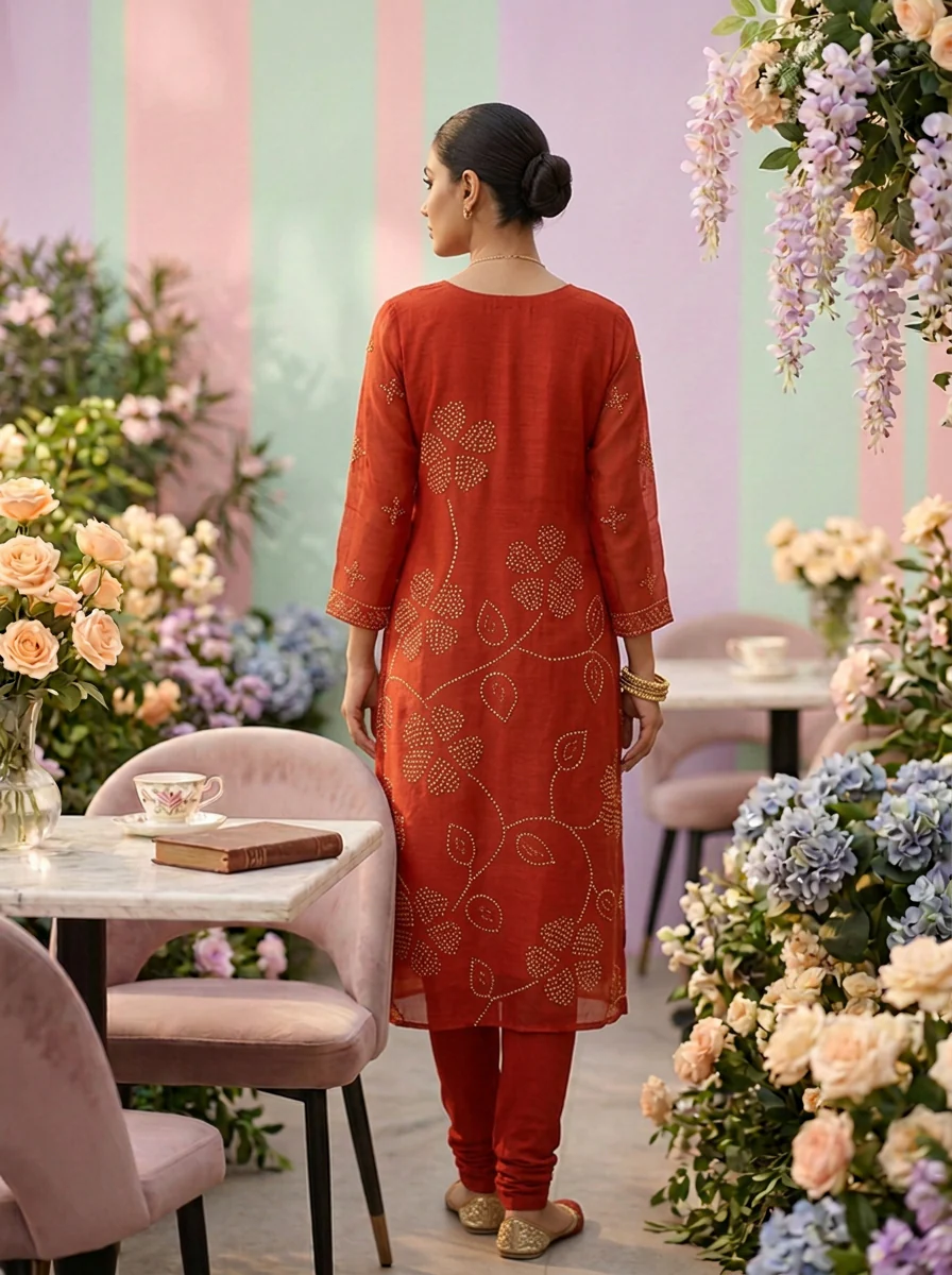 Burnt Orange Linen Floral Printed Three Piece Set - Image 3