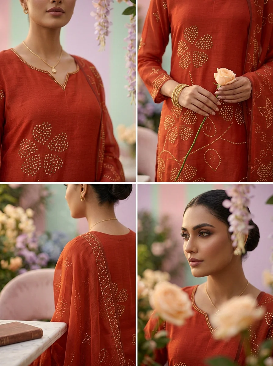 Burnt Orange Linen Floral Printed Three Piece Set - Image 4