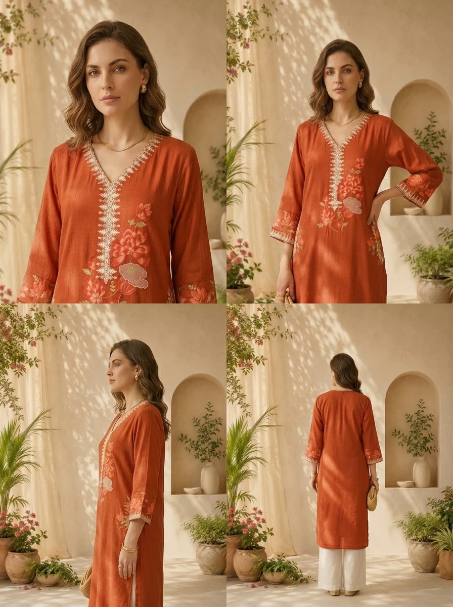 Burnt Orange Solid Design And Floral Thread Embroidery Kurta - Image 5