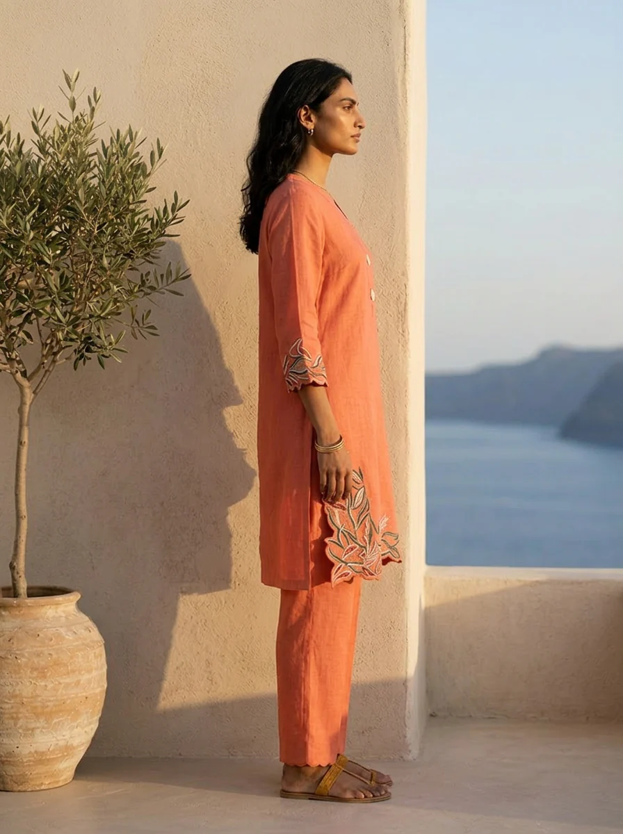 Burnt Orange Solid Design And Hand Thread Embroidery Two Piece Set - Image 3