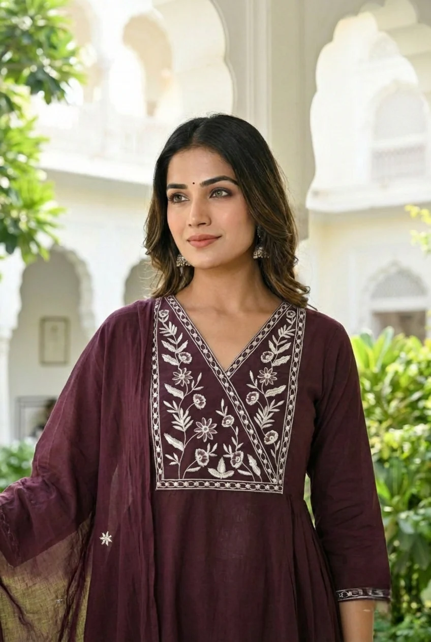 Choclate Cotton Embroidery Three Piece Set - Image 2