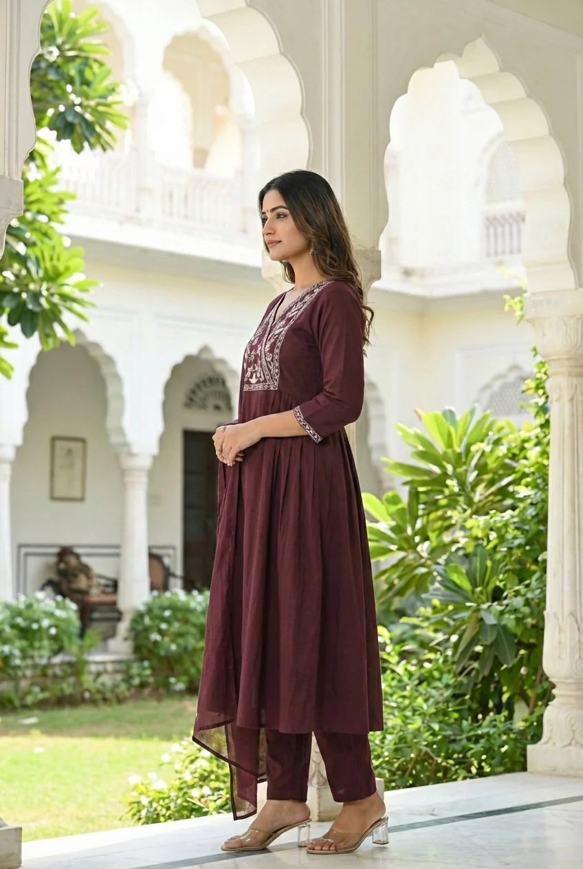 Choclate Cotton Embroidery Three Piece Set - Image 3