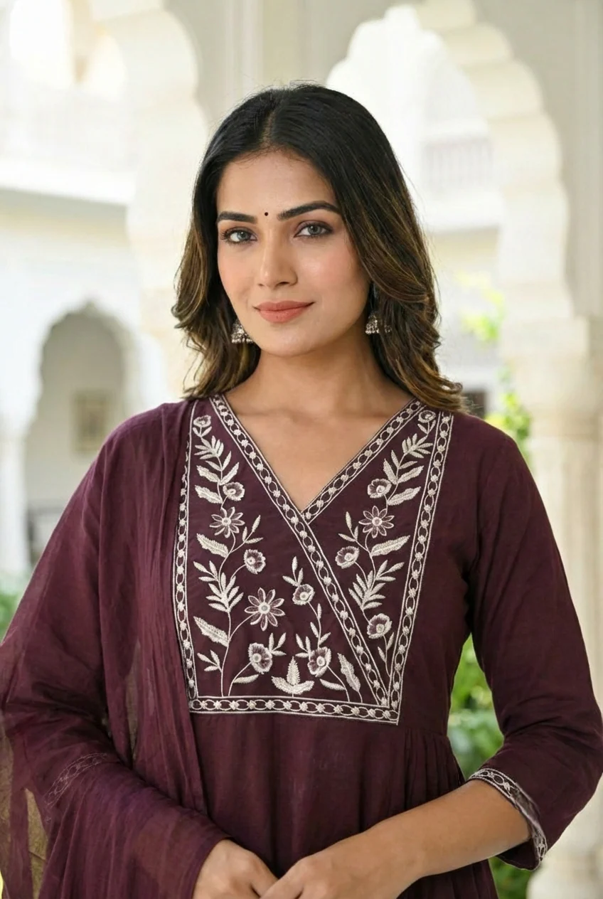 Choclate Cotton Embroidery Three Piece Set - Image 5