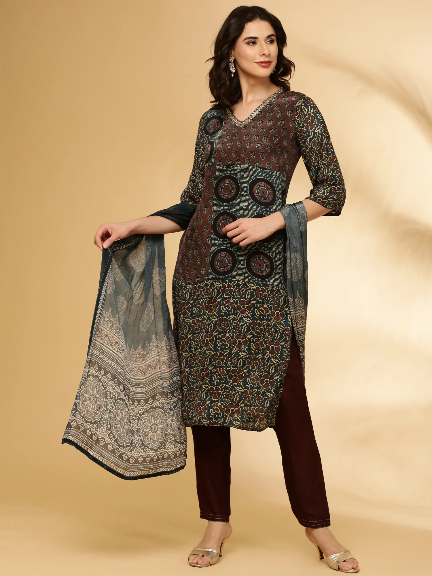 Choclate Crepe Printed Three Piece Set - Image 5