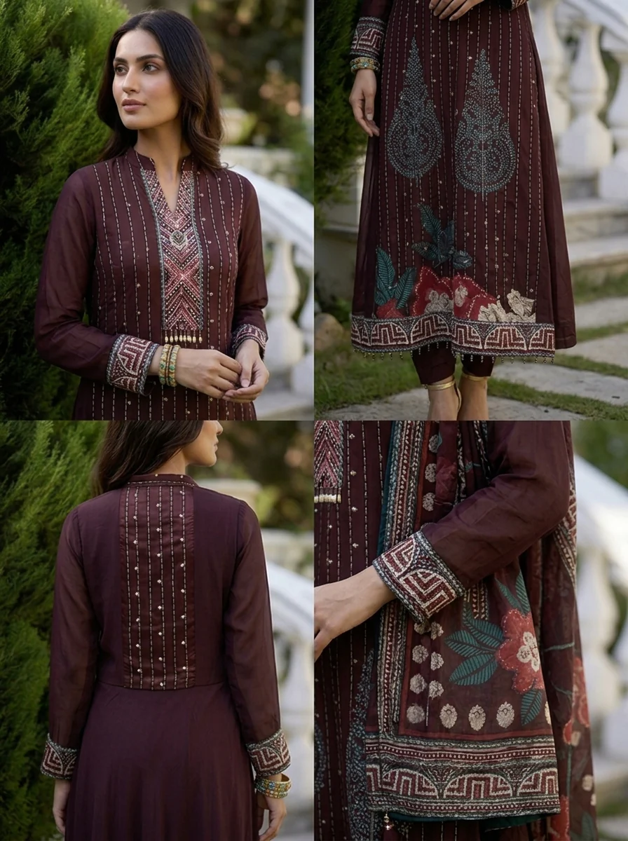 Choclate Georgette Paisley Motif Three Piece Set - Image 5