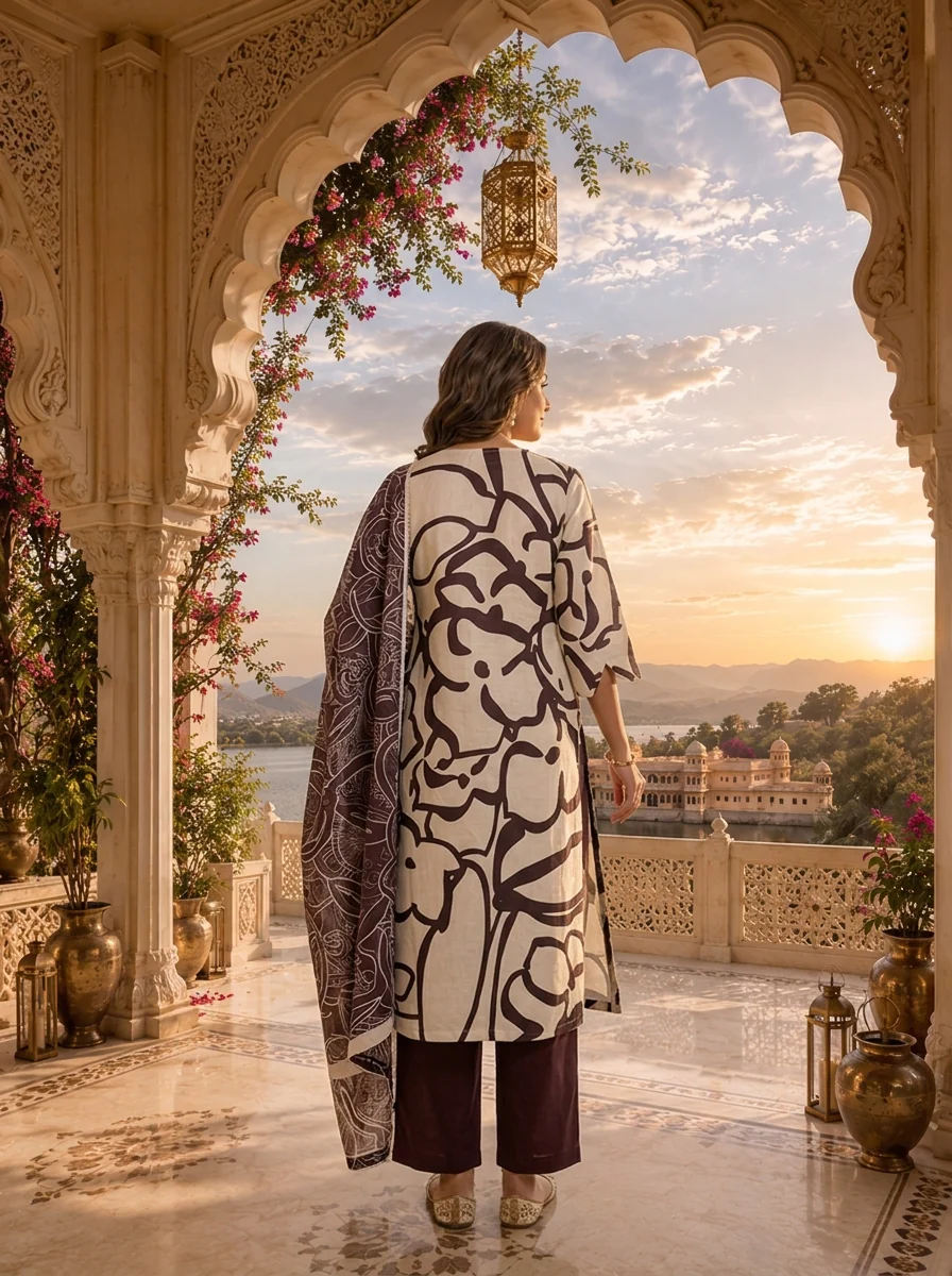 Coffee Brown Floral Printed Three Piece Set - Image 2