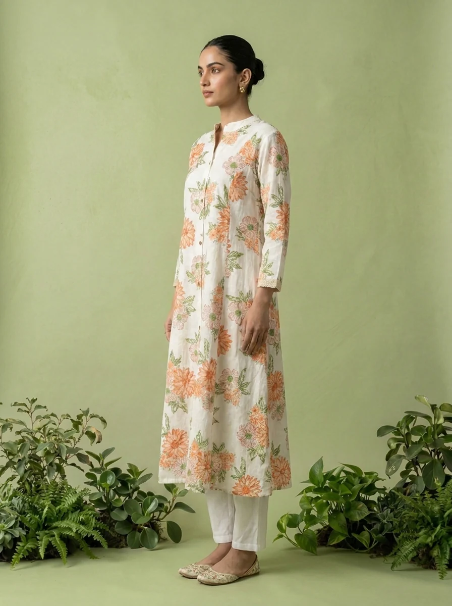 Coral Cotton Heavy Floral Printed Two Piece Set - Image 4