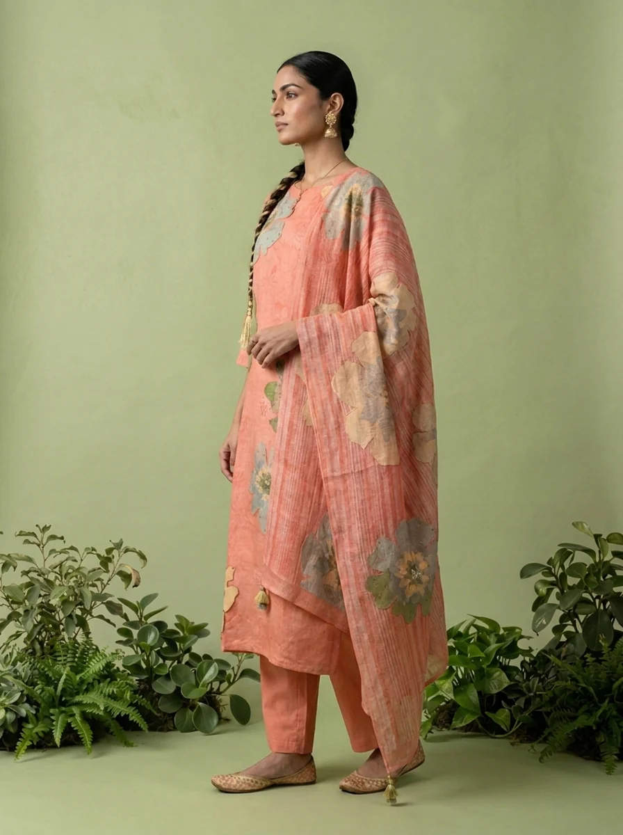 Coral Linen Floral Printed Three Piece Set - Image 2