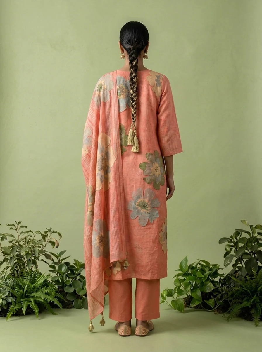 Coral Linen Floral Printed Three Piece Set - Image 3