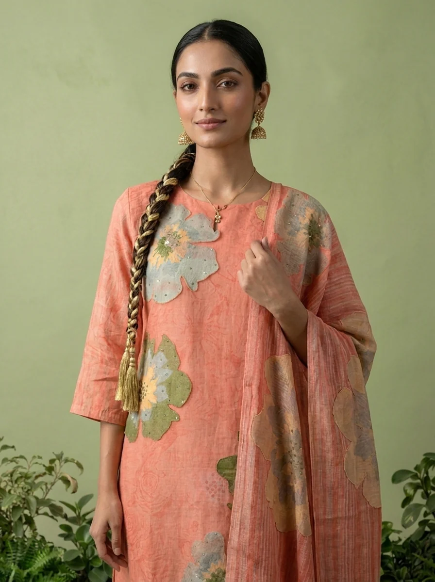 Coral Linen Floral Printed Three Piece Set - Image 4