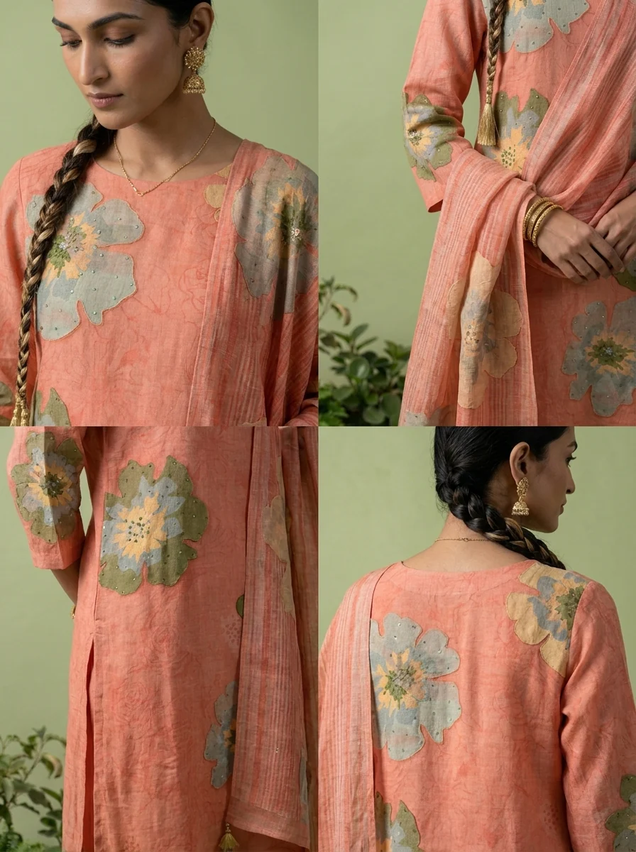Coral Linen Floral Printed Three Piece Set - Image 5