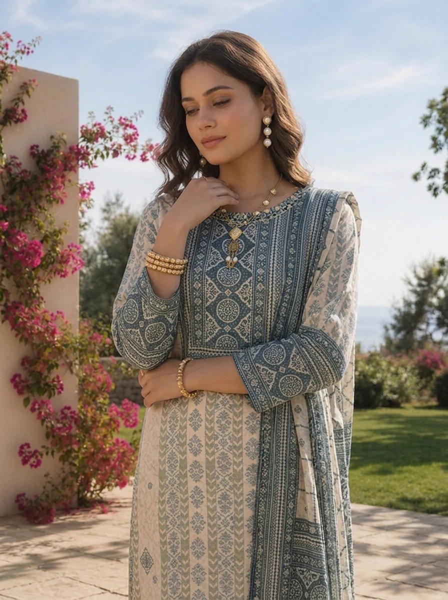 Cream And Indigo Crepe Striped Design And Printed Three Piece Set - Image 4