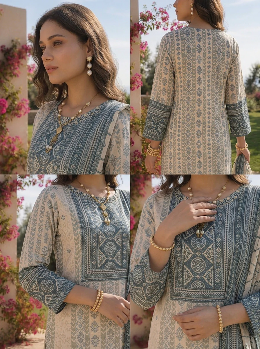 Cream And Indigo Crepe Striped Design And Printed Three Piece Set - Image 5